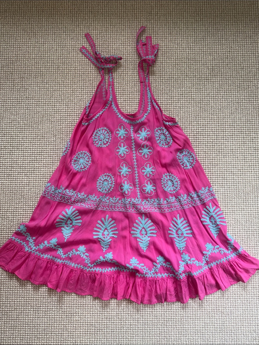 Bohemian Pink Embroidered Tie-Shoulder Sundress